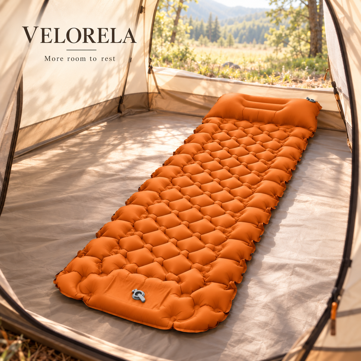 Velorela wide inflatable camping pad — hero diamond orange