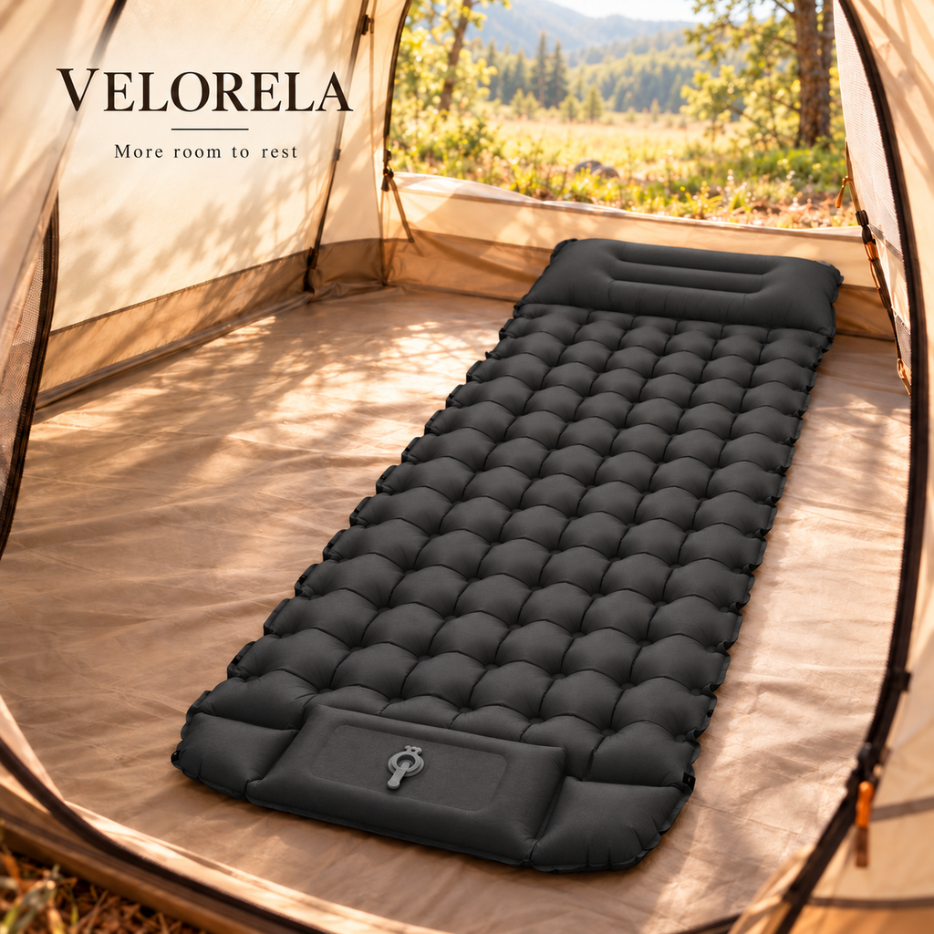 Velorela wide inflatable camping pad — hero square black