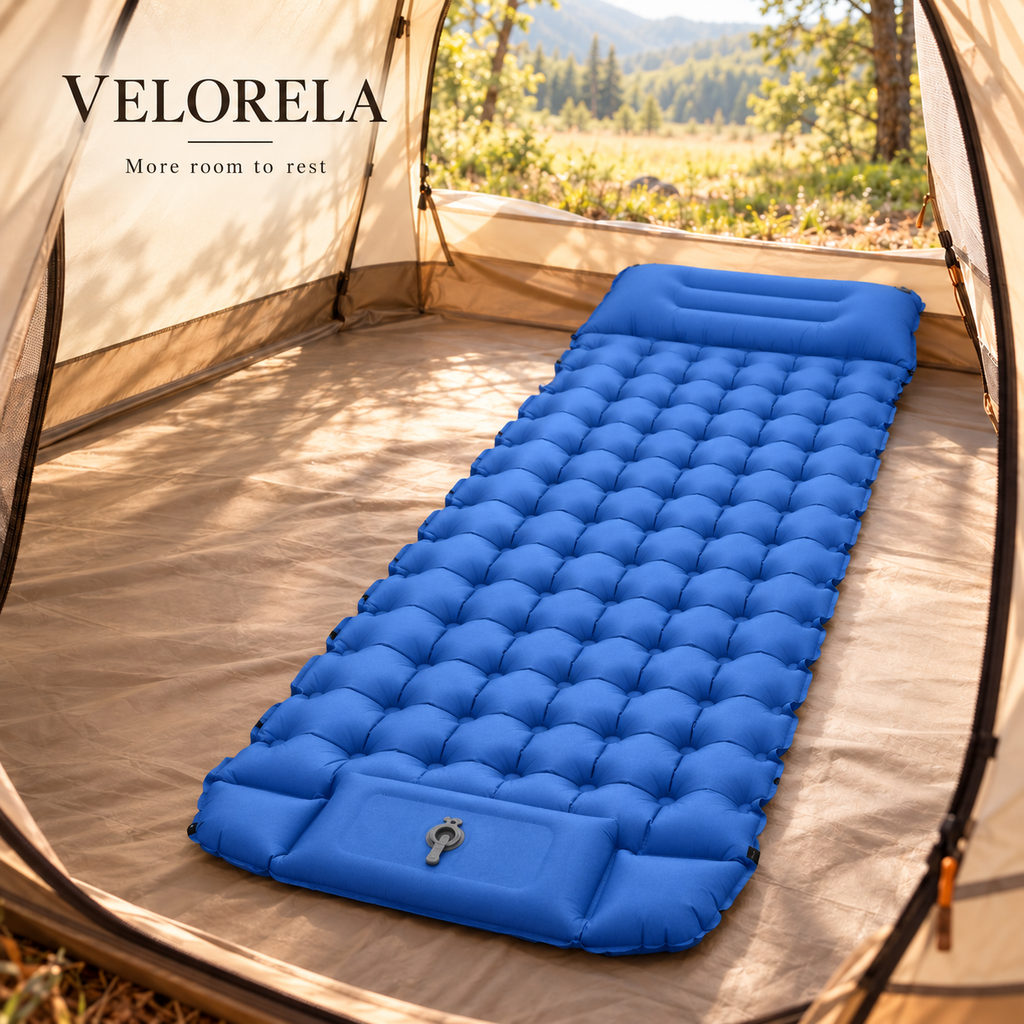 Velorela wide inflatable camping pad — hero square blue