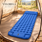 Velorela wide inflatable camping pad — hero square blue
