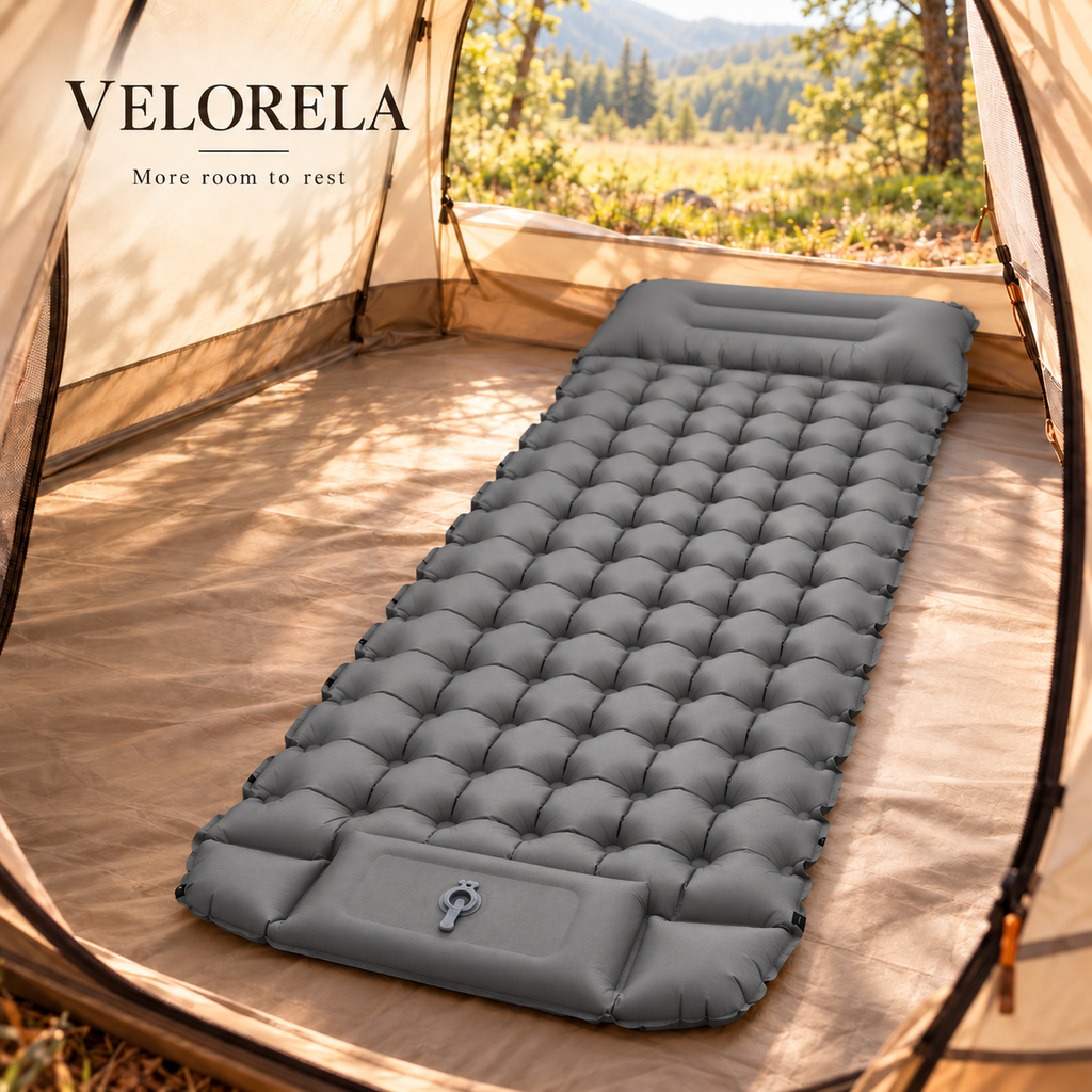 Velorela wide inflatable camping pad — hero square gray