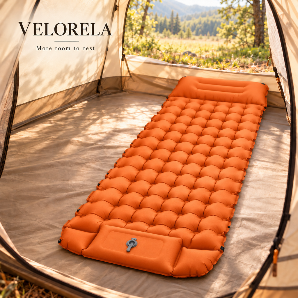Velorela wide inflatable camping pad — hero square orange