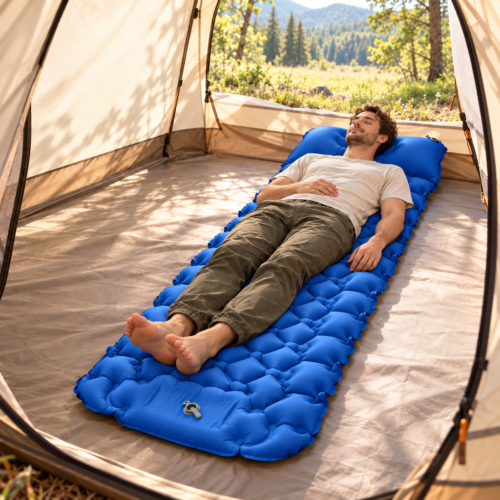 Velorela wide inflatable camping pad — lifestyle diamond blue