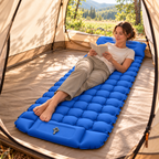 Velorela wide inflatable camping pad — lifestyle square blue
