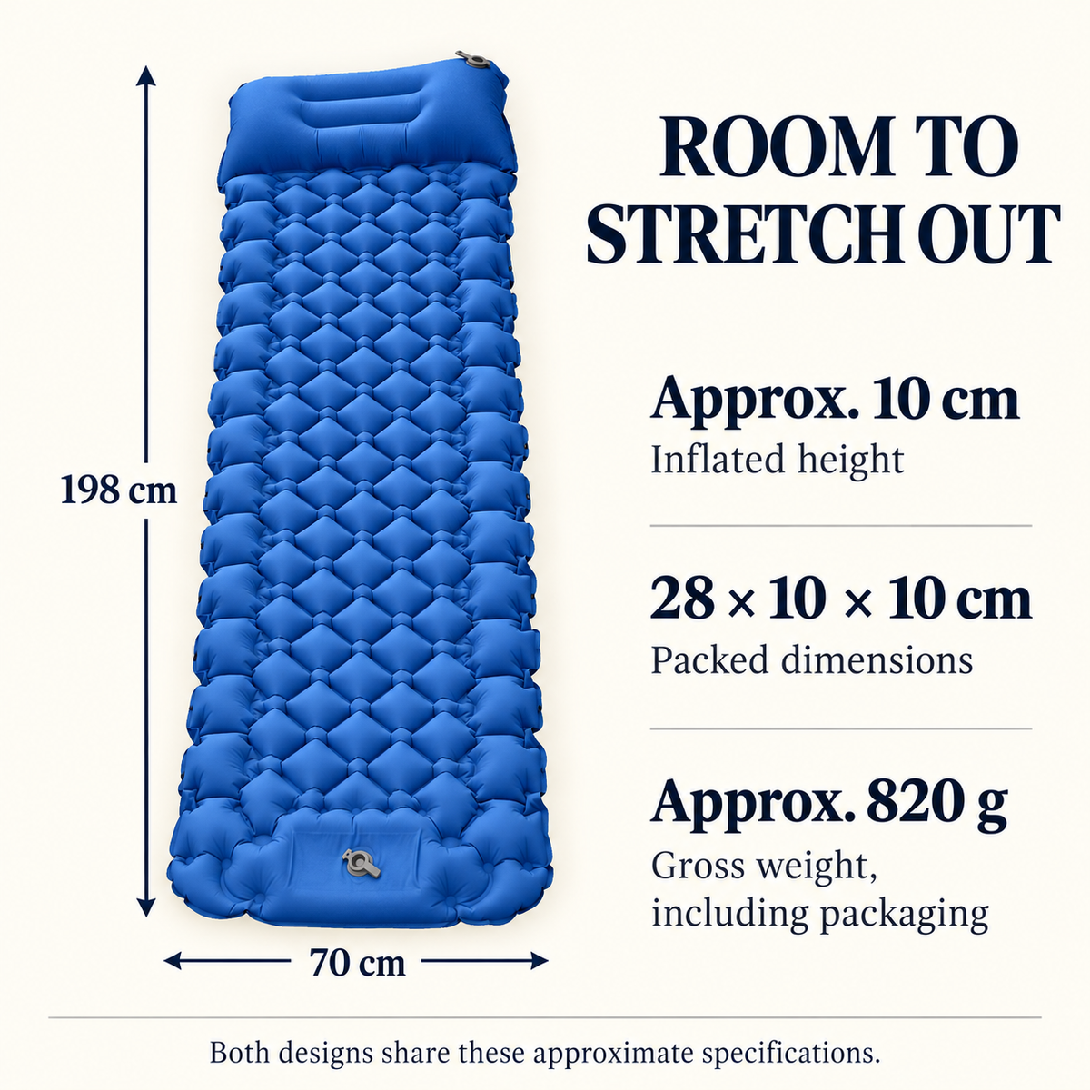 Velorela wide inflatable camping pad — size and packed specs