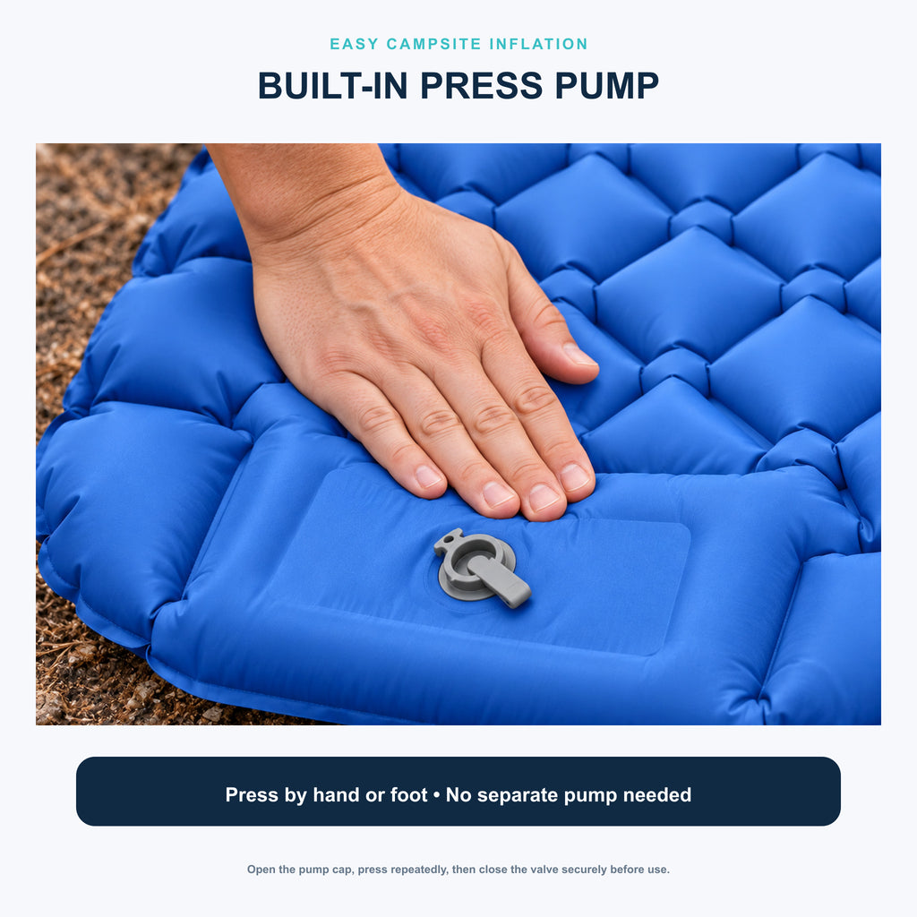 Velorela wide inflatable camping pad — built in press pump reused